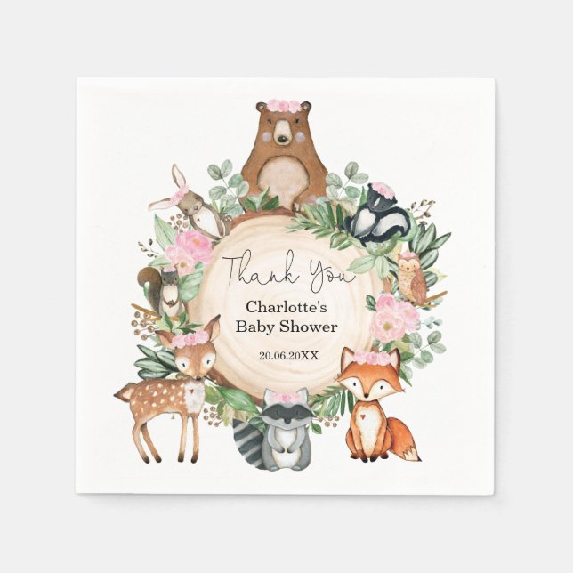 Pretty Woodland Animals Baby Girl Shower Birthday Napkins (Front)