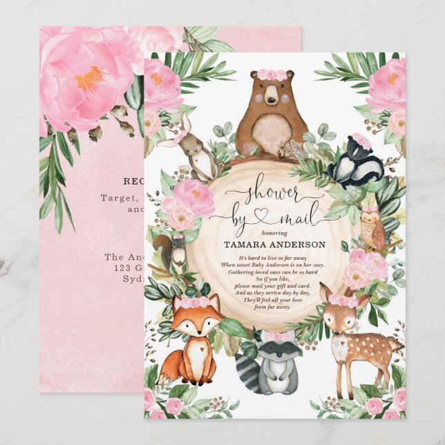 Pretty Woodland Animals Girl Shower By Mail Invitation (Front/Back)