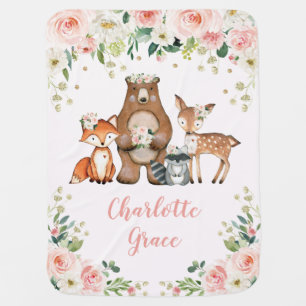 Pretty Woodland Animals Girly Pink Floral Nursery Baby Blanket