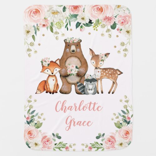 Pretty Woodland Animals Girly Pink Floral Nursery Baby Blanket