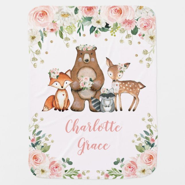 Pretty Woodland Animals Girly Pink Floral Nursery Baby Blanket (Front)