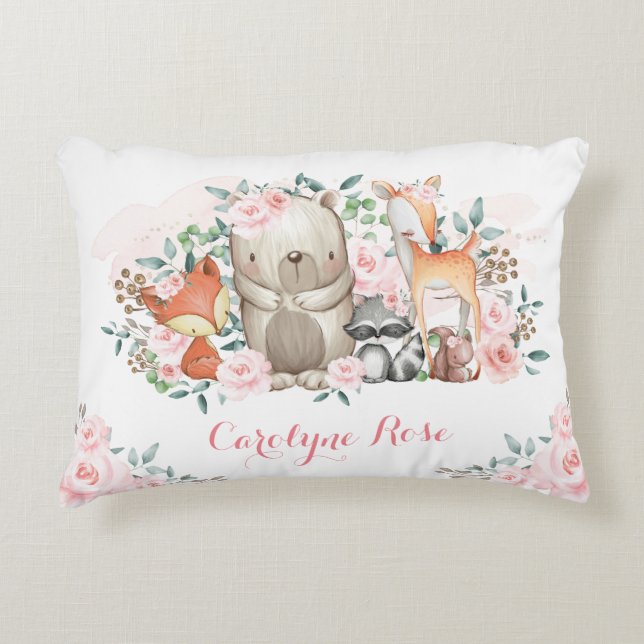 Pretty Woodland Animals Pink Roses Girl Nursery Accent Pillow (Front)
