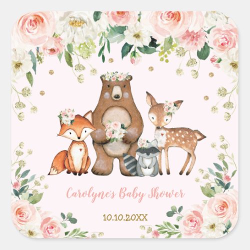 Pretty Woodland Baby Shower  Blush Floral Forest Square Sticker