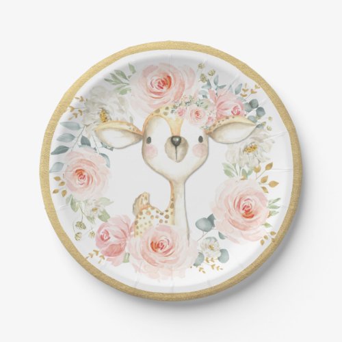 Pretty Woodland Deer  Blush Watercolor Floral Paper Plates