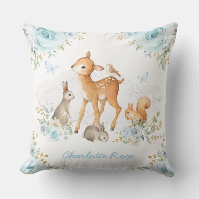Pretty Woodland Forest Animals Blue Floral Nursery Throw Pillow (Front)