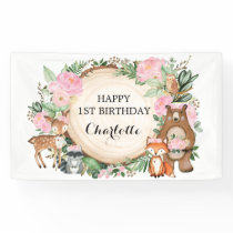 Pretty Woodland Forest Animals Girl Happy Birthday Banner