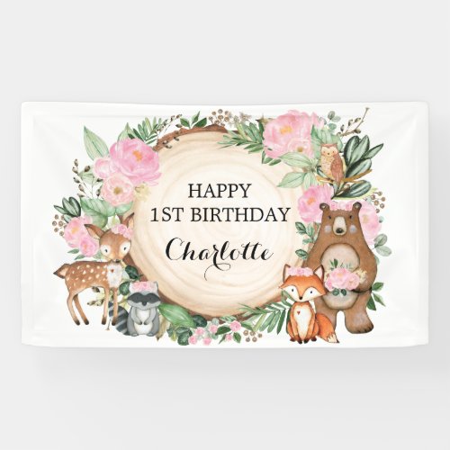 Pretty Woodland Forest Animals Girl Happy Birthday Banner