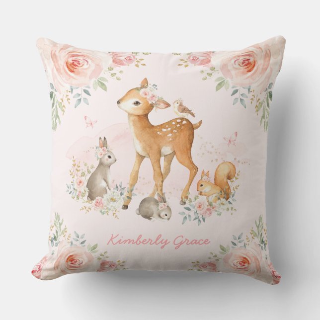 Pretty Woodland Forest Animals Pink Floral Nursery Throw Pillow (Front)