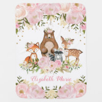 Pretty Woodland Forest Blush Peonies Fox Deer Bear Baby Blanket