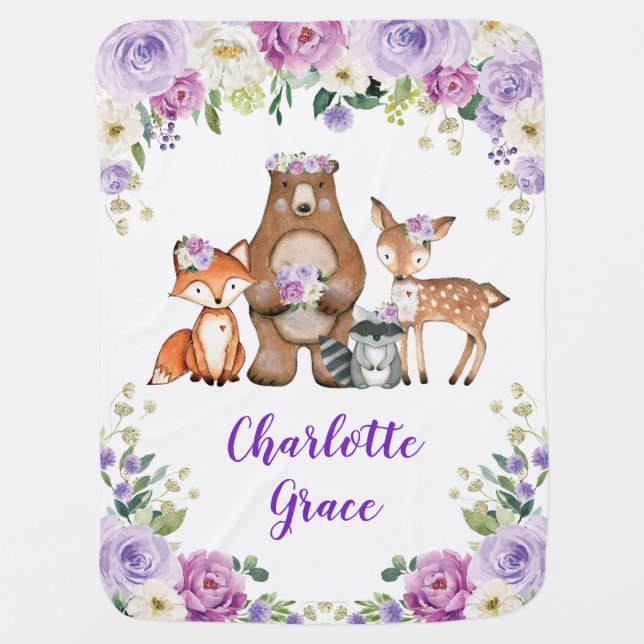 Pretty Woodland Forest Girly Purple Floral Nursery Baby Blanket (Front)
