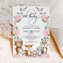 Pretty Woodland Greenery Pink Floral Baby Shower Invitation