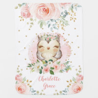 Pretty Woodland Owl Pink Floral Girl Nursery Baby Blanket