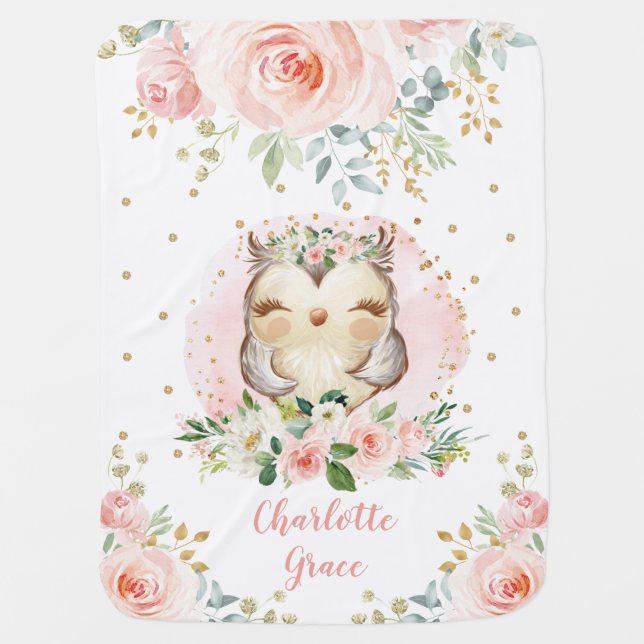 Pretty Woodland Owl Pink Floral Girl Nursery Baby Blanket (Front)