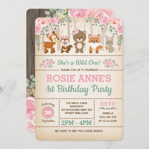 Pretty Woodland Pink Roses Wild One 1st Birthday Invitation