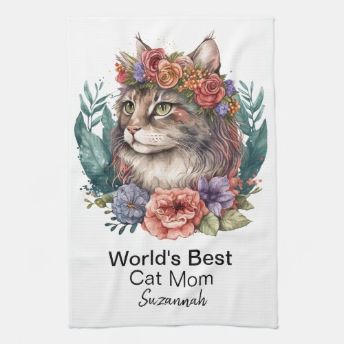 Pretty Worlds Best Cat Mom Personalized Kitchen Towel
