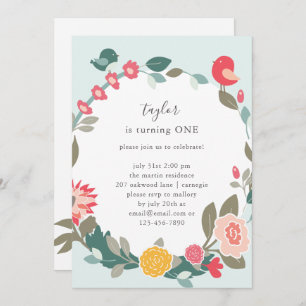Pretty Wreath and Cute Birds Birthday Party Invitation