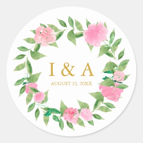 Pretty Wreath with Monogram and Wedding Date Classic Round Sticker