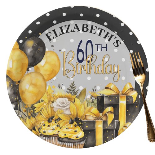 Pretty Yellow and Black 60th Birthday Paper Plates