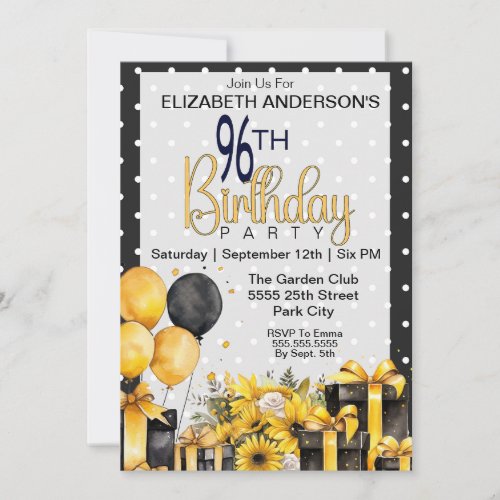 Pretty Yellow and Black 96th Birthday Invitation