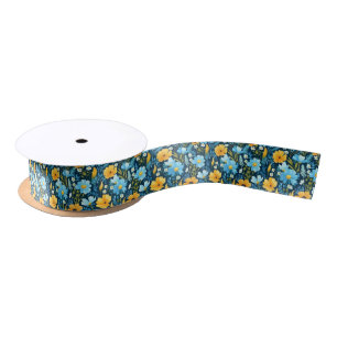 Pretty Yellow and Blue Retro Floral Satin Ribbon