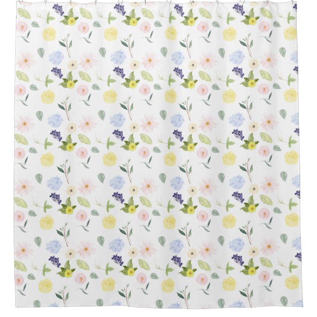 Pretty Yellow and Blue Watercolor Flowers Shower Curtain (Front)