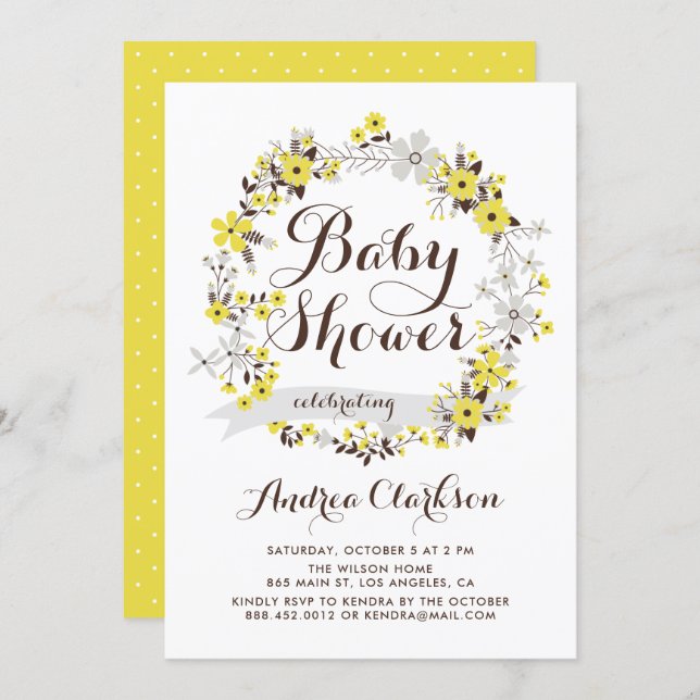 Pretty Yellow and Gray Floral Wreath Baby Shower Invitation (Front/Back)