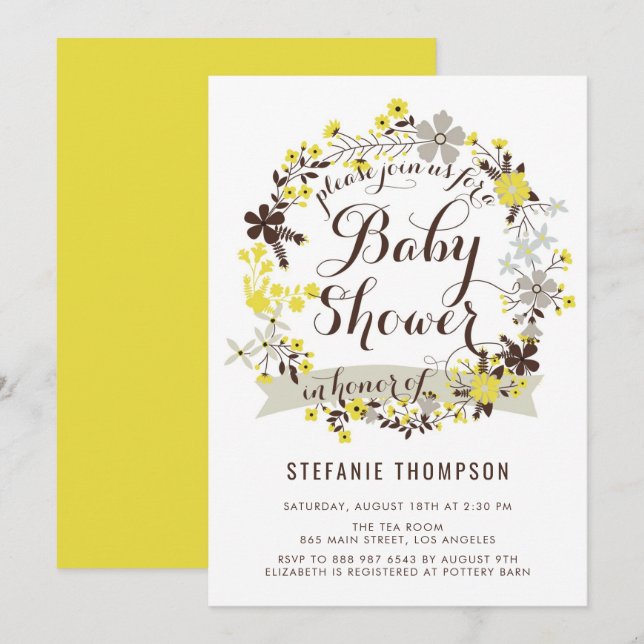 Pretty Yellow and Gray Floral Wreath Baby Shower Invitation (Front/Back)