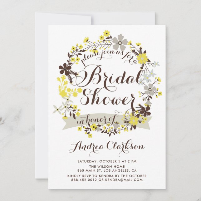 Pretty Yellow and Gray Floral Wreath Bridal Shower Invitation (Front)