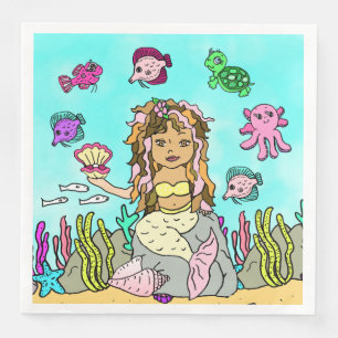 Pretty Yellow and Pink Ethnic Mermaid Birthday Paper Dinner Napkins