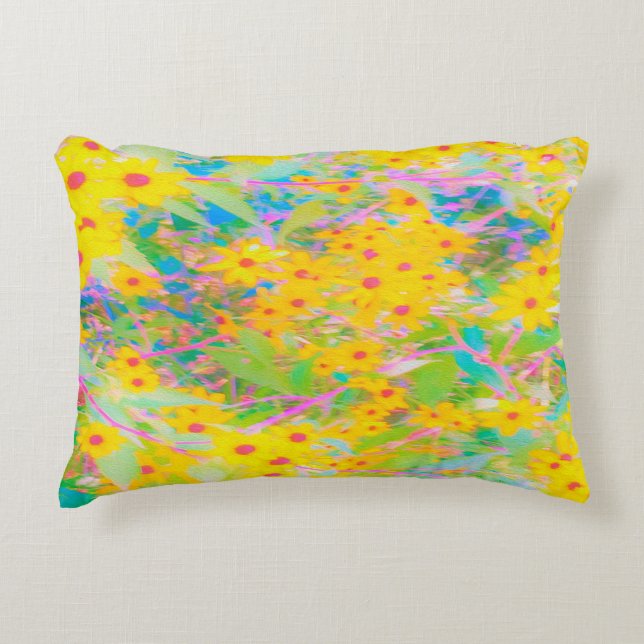 Pretty Yellow and Red Flowers with Turquoise Accent Pillow (Front)