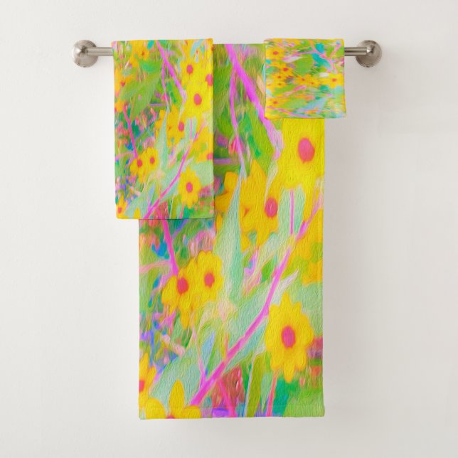 Pretty Yellow and Red Flowers with Turquoise Bath Towel Set (Insitu)