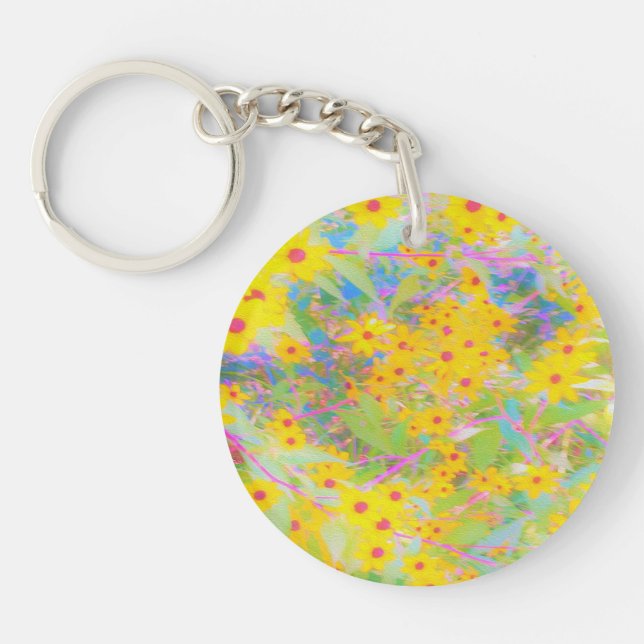 Pretty Yellow and Red Flowers with Turquoise Keychain (Front)