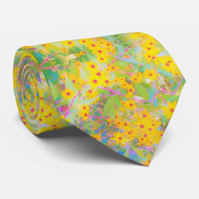 Pretty Yellow and Red Flowers with Turquoise Neck Tie (Rolled)