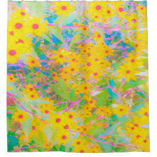 Pretty Yellow and Red Flowers with Turquoise Shower Curtain