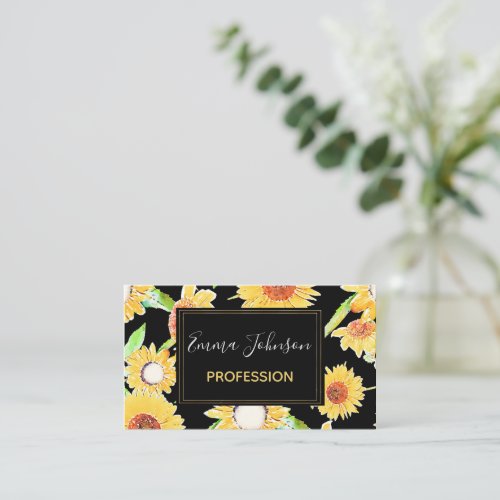 Pretty Yellow  Black Sunflowers Watercolor Paint Business Card