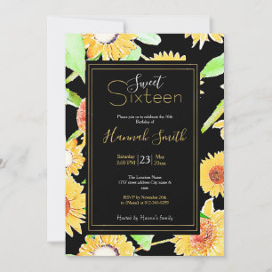 Pretty Yellow & Black Sunflowers Watercolor Paint Invitation