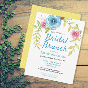 Pretty Yellow Blue Floral Bridal Shower Brunch Invitation