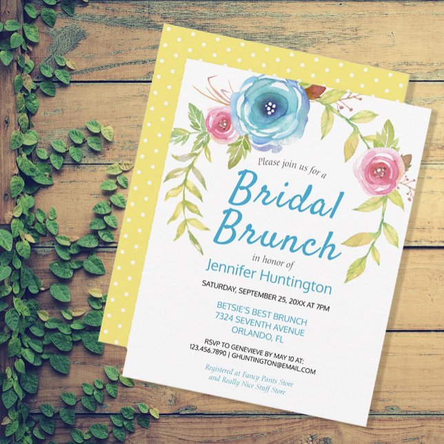 Pretty Yellow Blue Floral Bridal Shower Brunch Invitation (Creator Uploaded)