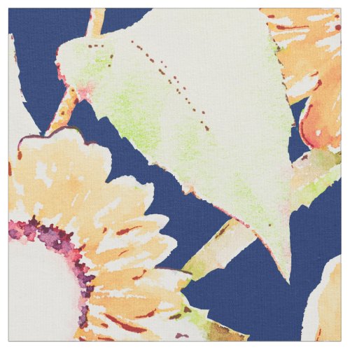 Pretty Yellow  Blue Sunflowers Watercolor Paint  Fabric