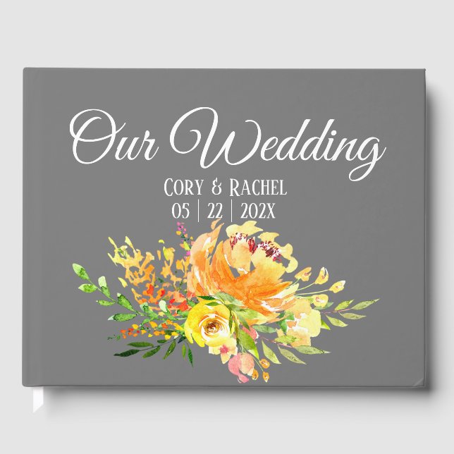 Pretty Yellow Bouquet on Gray Wedding Guestbook (Front)
