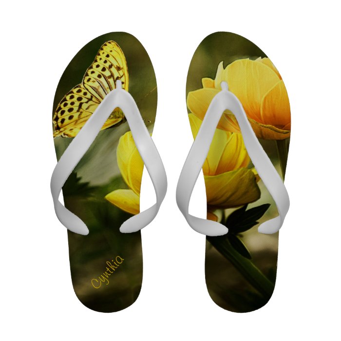 Pretty Yellow Butterfly & Flowers Custom Flip Flops