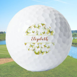 Pretty yellow butterfly with custom name ladies golf balls