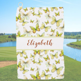 Pretty yellow butterfly with custom name ladies golf towel