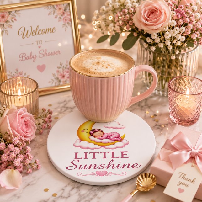Pretty Yellow Crescent Moon Baby Shower Round Paper Coaster (Creator Uploaded)