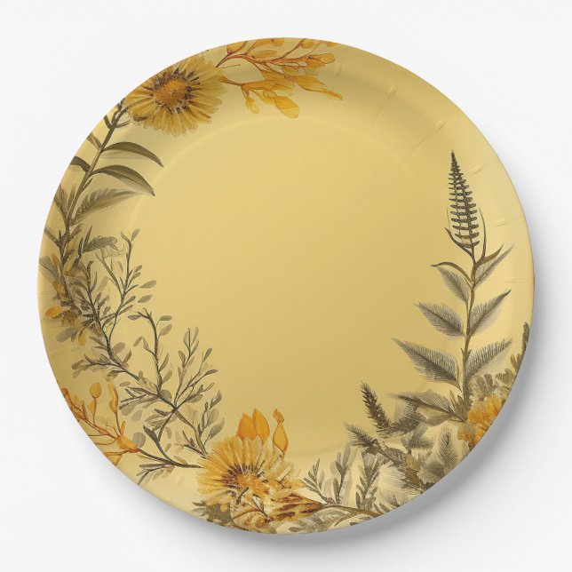 Pretty Yellow Dandelions Ferns Greenery Paper Plates (Front)