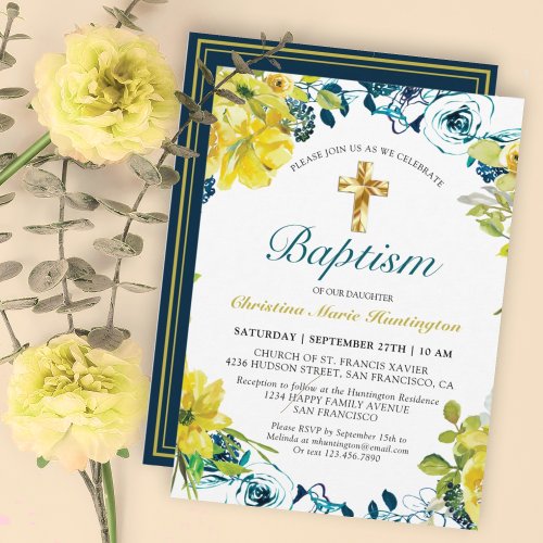 Pretty Yellow Dark Blue Floral Gold Cross Baptism Invitation