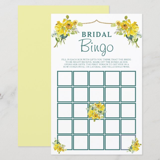 Pretty Yellow Floral Bridal Shower Bingo Game (Front/Back)
