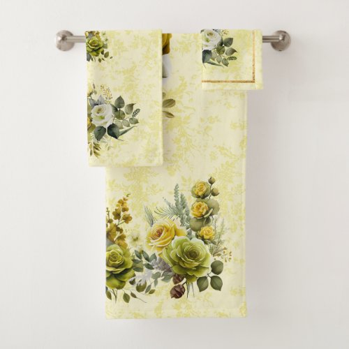 Pretty Yellow Floral Damask Towel Set