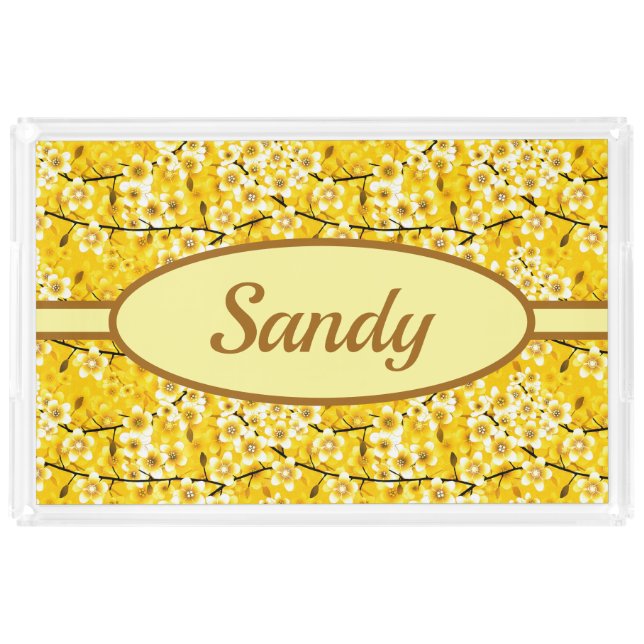 Pretty Yellow Floral Dog Cat Pet Food Acrylic Tray (Front)