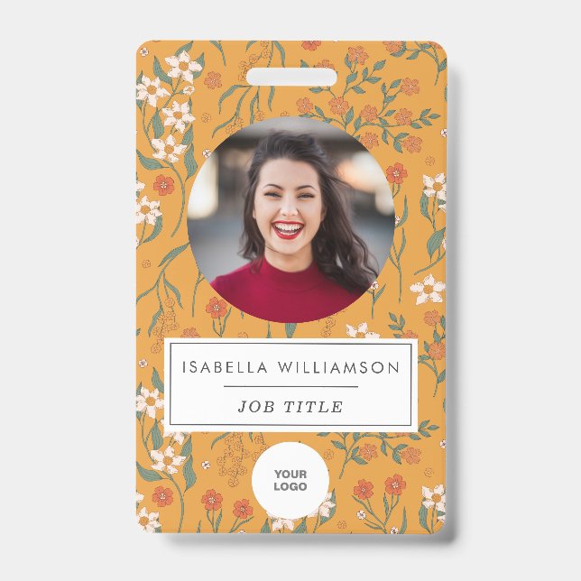 Pretty Yellow Floral Employee Photo ID Template Badge (Front)